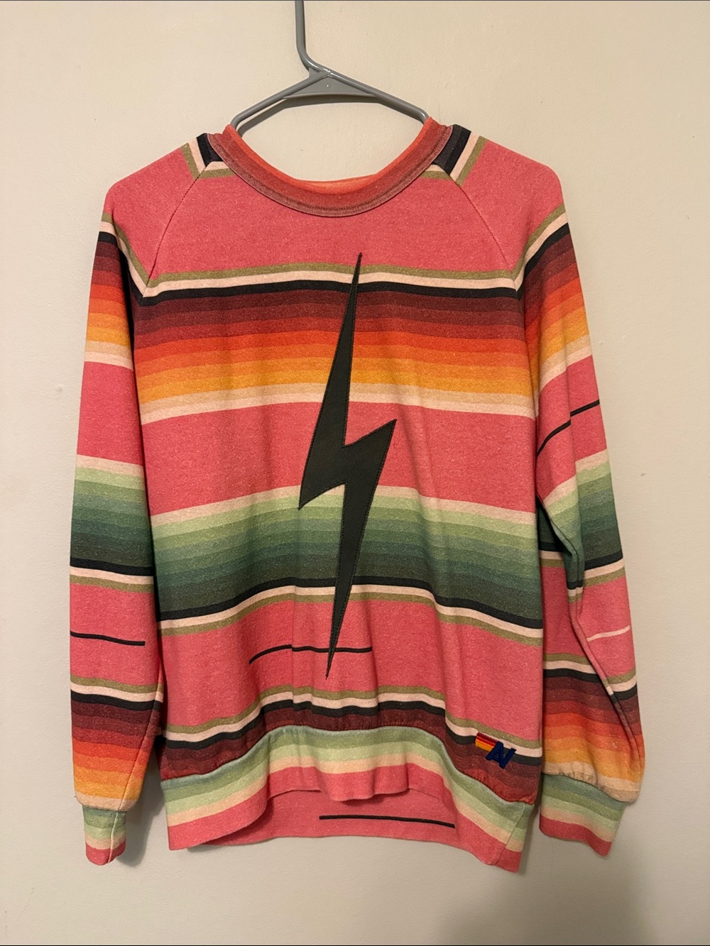 Aviator Nation Pink Multicolor Stripe Crewneck with Black Lightning Bolt